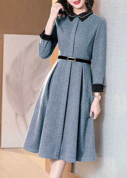 Stylish Blue Embroideried Nail Bead Zippered Tie Waist Winter Long Sleeve Dresses