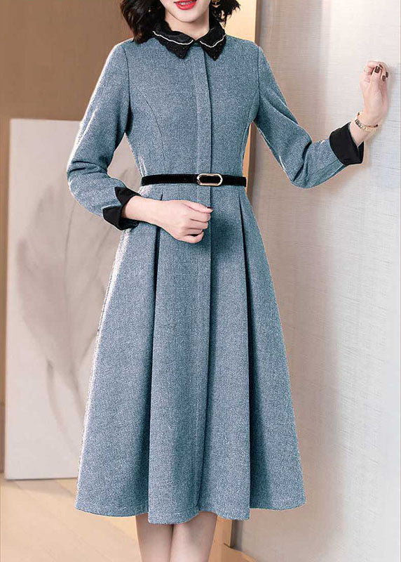 Stylish Blue Embroideried Nail Bead Zippered Tie Waist Winter Long Sleeve Dresses