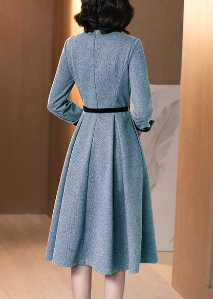 Stylish Blue Embroideried Nail Bead Zippered Tie Waist Winter Long Sleeve Dresses