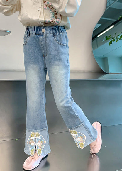 Stylish Blue Embroideried Patchwork Pockets Denim Pants