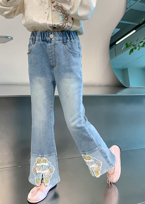 Stylish Blue Embroideried Patchwork Pockets Denim Pants
