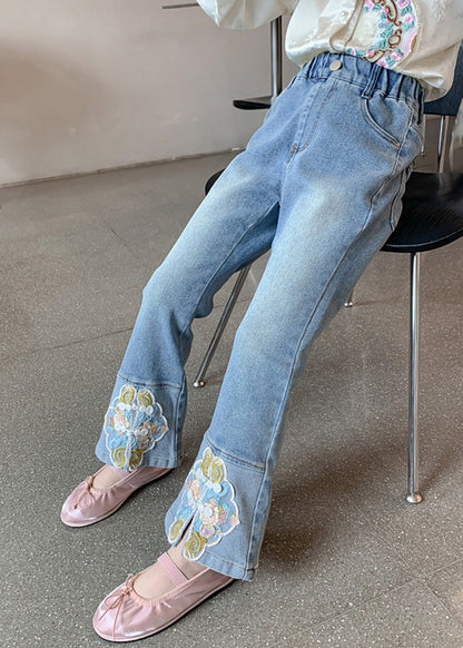 Stylish Blue Embroideried Patchwork Pockets Denim Pants