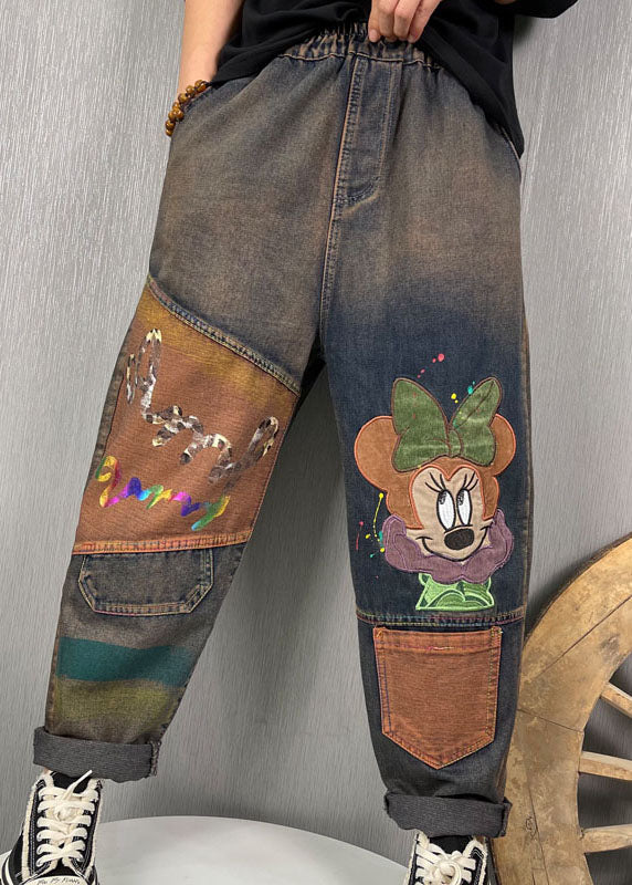 Stylish Blue Embroideried Patchwork Denim Pants Spring
