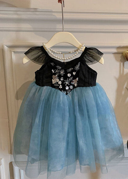 Stylish Blue Embroideried Wrinkled Patchwork Tulle Kids Dress Sleeveless