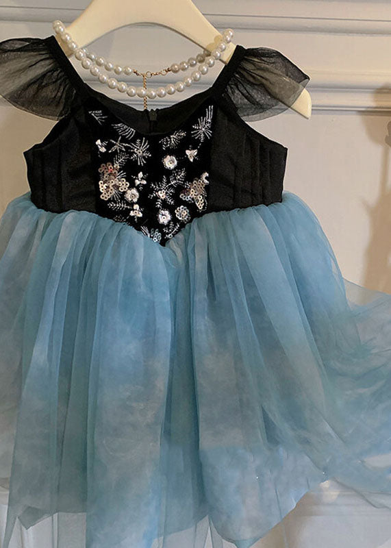 Stylish Blue Embroideried Wrinkled Patchwork Tulle Kids Dress Sleeveless