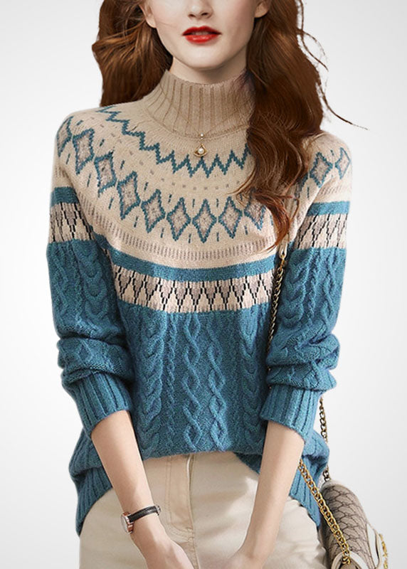 Stylish Blue High Neck Print Wool Cable Knit Sweaters Winter