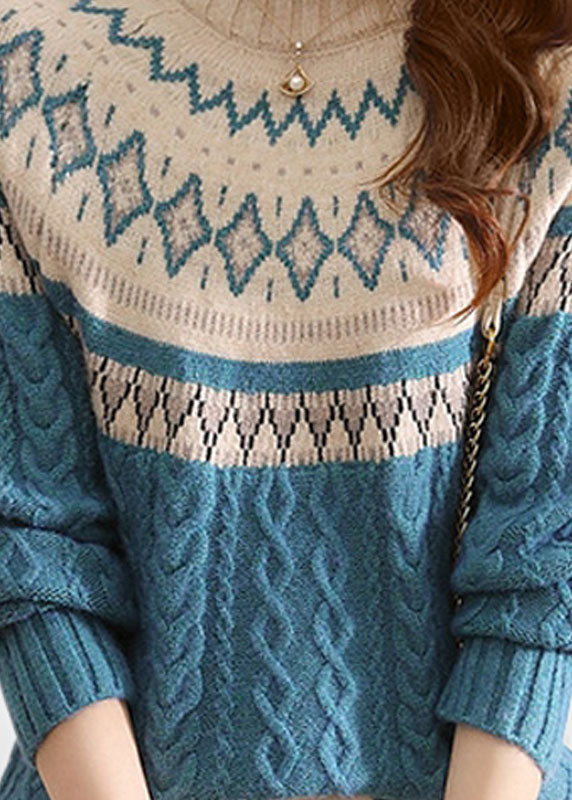 Stylish Blue High Neck Print Wool Cable Knit Sweaters Winter