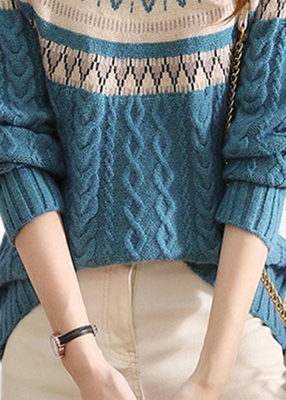 Stylish Blue High Neck Print Wool Cable Knit Sweaters Winter