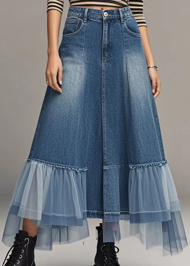 Stylish Blue High Waist Patchwork Tulle Denim a Line Skirts Spring