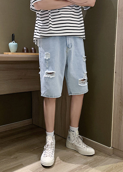 Stylish Blue Hole High Waist Denim Shorts Summer