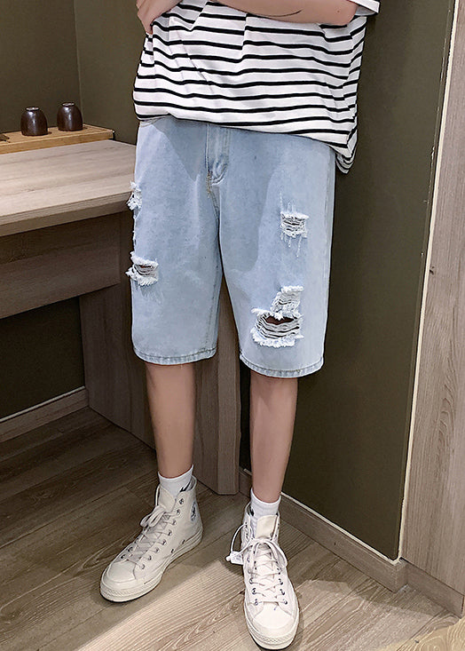 Stylish Blue Hole High Waist Denim Shorts Summer