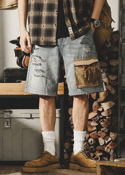Stylish Blue Hole Pockets Denim Shorts Summer