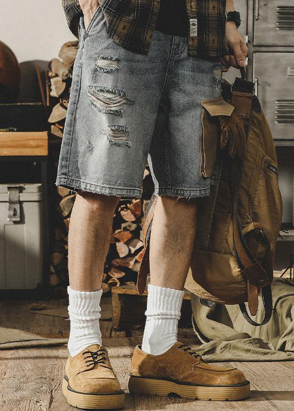 Stylish Blue Hole Pockets Denim Shorts Summer