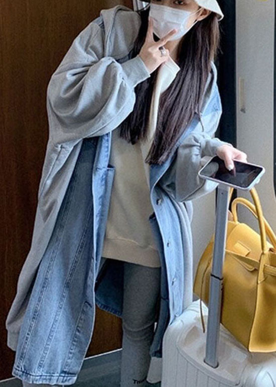 Stylish Blue Hooded Denim Patchwork Cotton Long Coat Spring