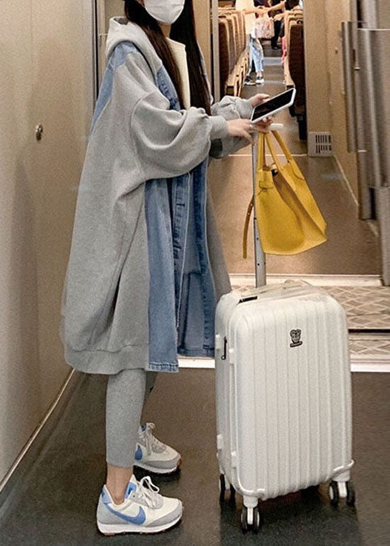 Stylish Blue Hooded Denim Patchwork Cotton Long Coat Spring