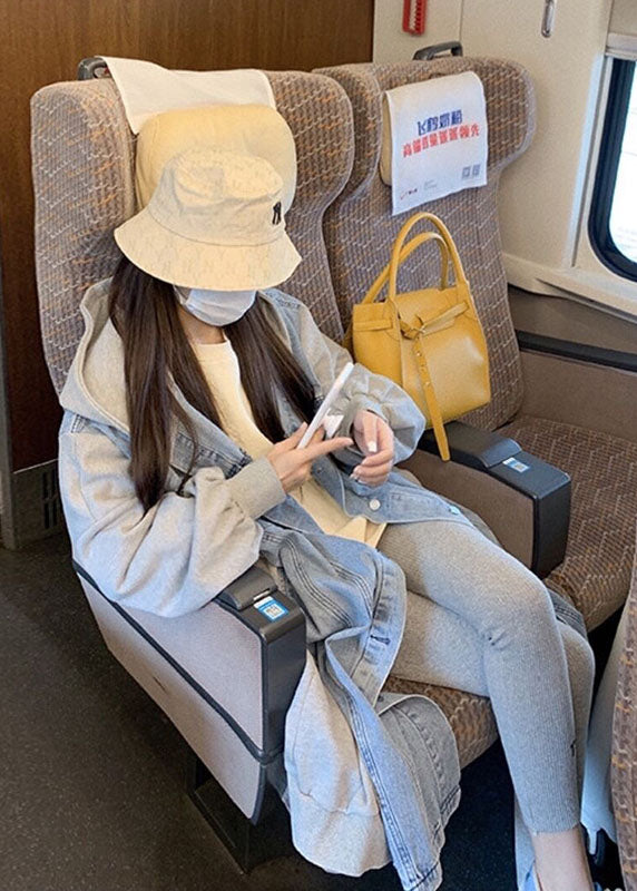 Stylish Blue Hooded Denim Patchwork Cotton Long Coat Spring