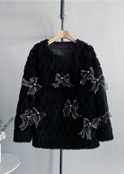 Stylish Blue O Neck Bow Wool Pullover Top Winter