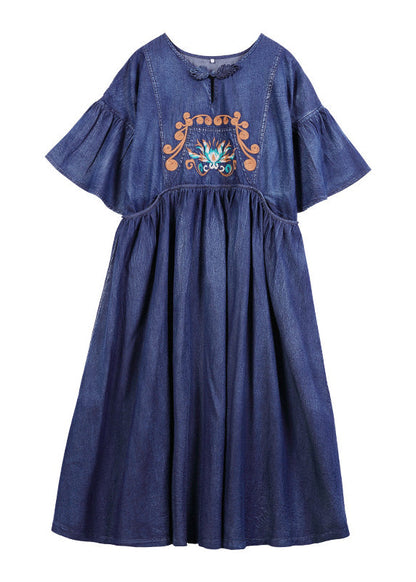 Stylish Blue O-neck Cinched Embroideried Cotton Denim Dresses Butterfly Sleeve