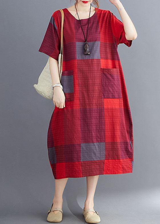 Stylish White Flowers O Neck Plaid Maxi Dresses Cotton Linen Summer