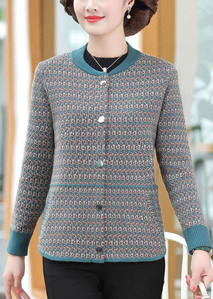 Stylish Blue O-neck Pockets Patchwork Woolen Coats Long Sleeve
