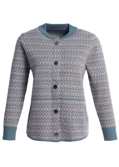 Stylish Blue O-neck Pockets Patchwork Woolen Coats Long Sleeve