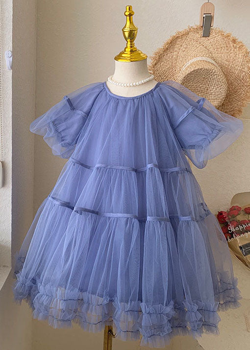 Stylish Blue O-neck Ruffled Patchwork Tulle Kids Dresses Summer