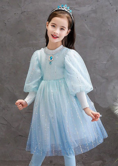 Stylish Blue O Neck Sequins Patchwork Tulle Baby Princess Dress Fall