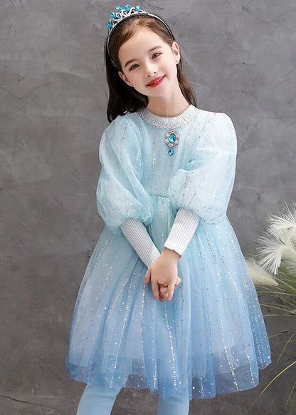 Stylish Blue O Neck Sequins Patchwork Tulle Baby Princess Dress Fall