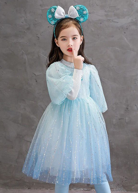 Stylish Blue O Neck Sequins Patchwork Tulle Baby Princess Dress Fall