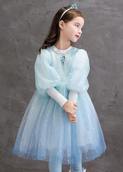 Stylish Blue O Neck Sequins Patchwork Tulle Baby Princess Dress Fall