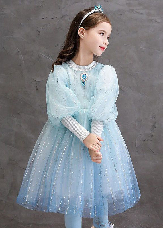 Stylish Blue O Neck Sequins Patchwork Tulle Baby Princess Dress Fall