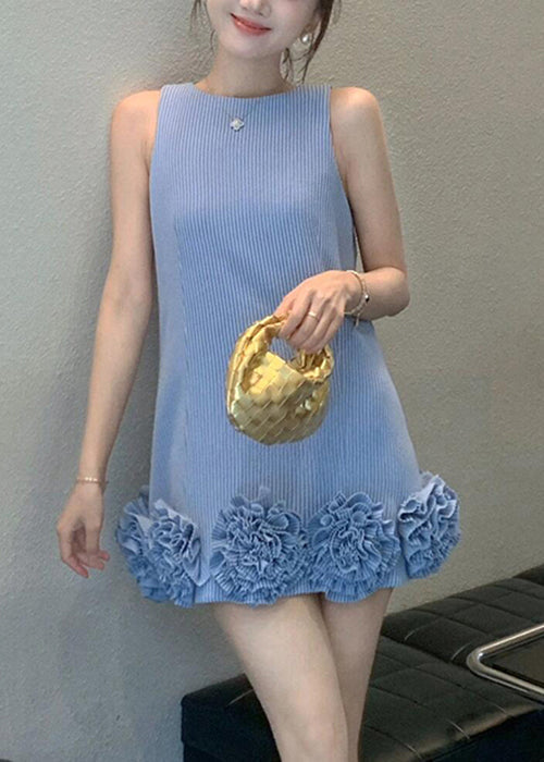 Stylish Blue O Neck Striped Cotton Mini Dresses Sleeveless
