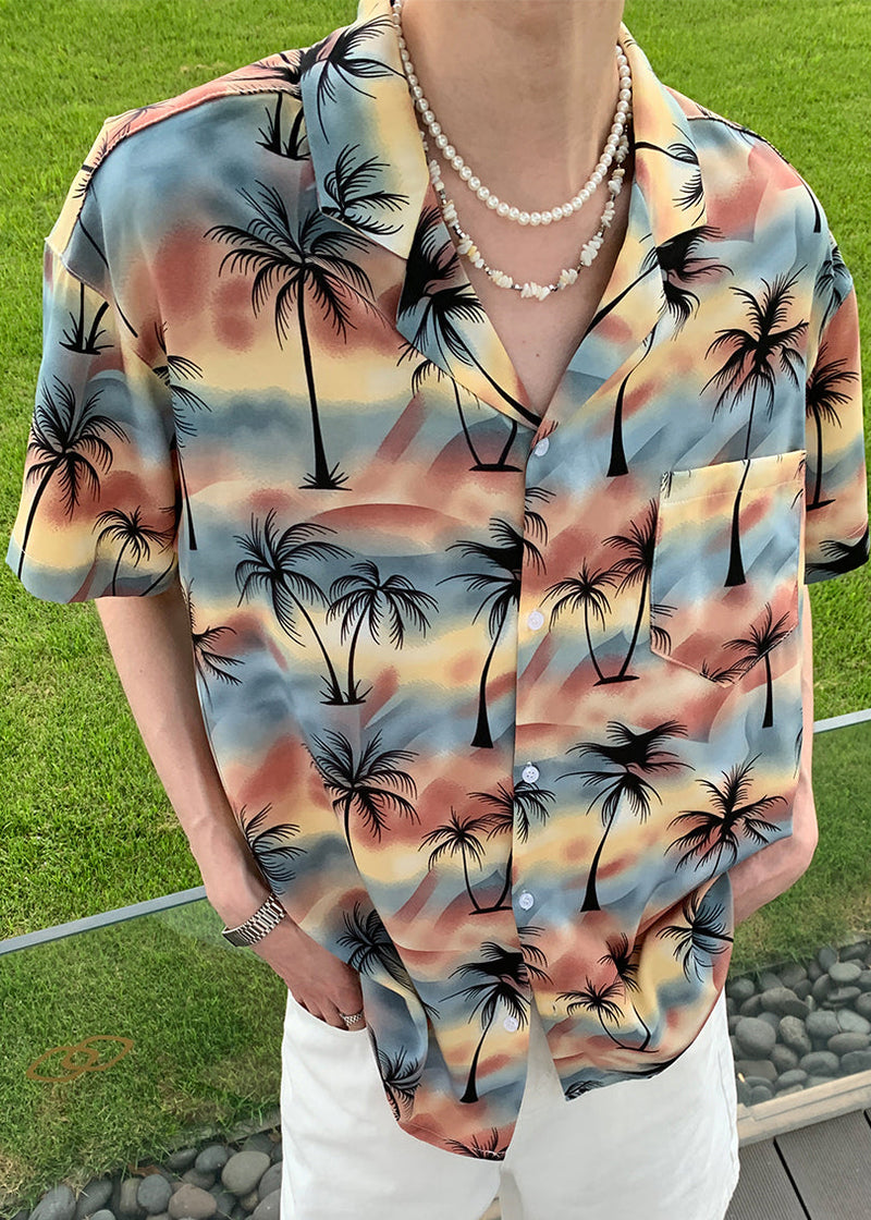 Stylish Blue Peter Pan Collar Button Print Cotton Shirts Summer