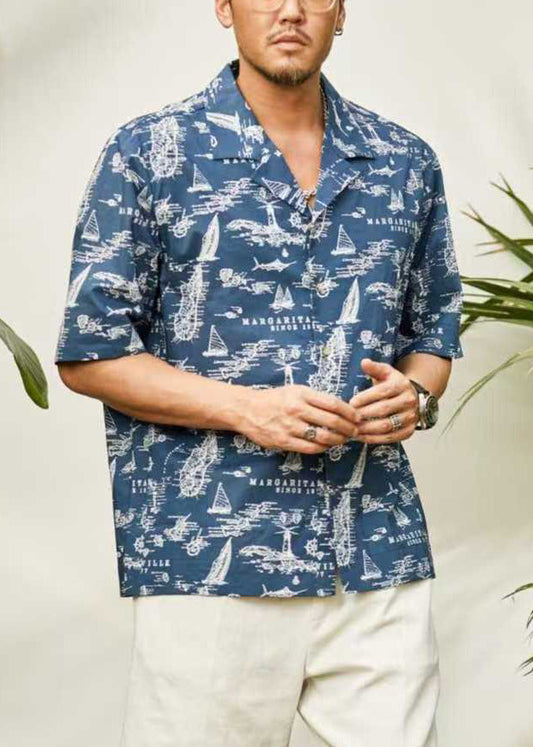 Stylish Blue Peter Pan Collar Print Button Cotton Shirt Summer