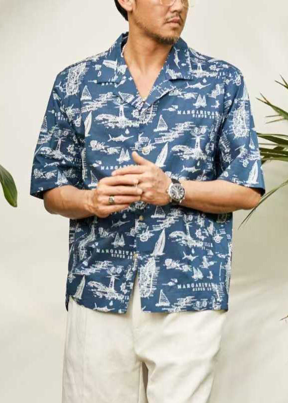 Stylish Blue Peter Pan Collar Print Button Cotton Shirt Summer