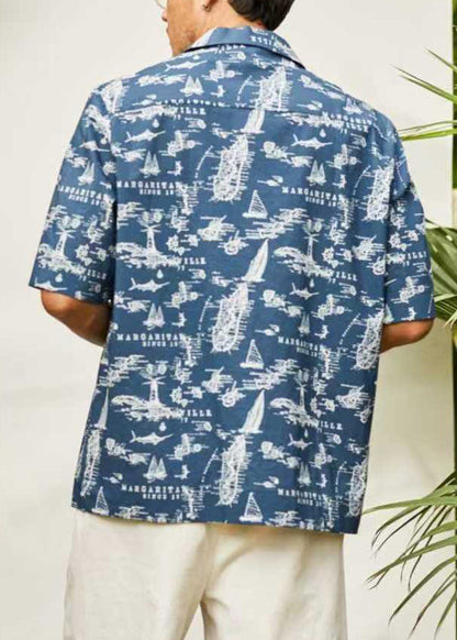 Stylish Blue Peter Pan Collar Print Button Cotton Shirt Summer