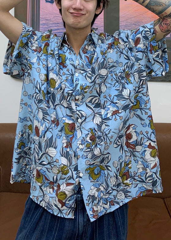 Stylish Blue Peter Pan Collar Print Cotton Shirt Summer