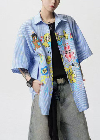 Stylish Blue Peter Pan Collar Print Cotton Shirts Summer