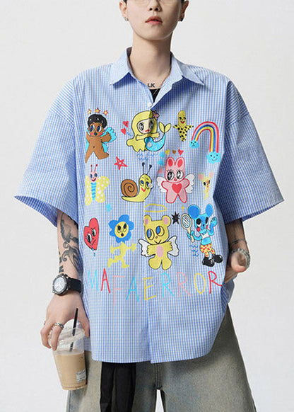Stylish Blue Peter Pan Collar Print Cotton Shirts Summer