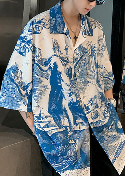 Stylish Blue Peter Pan Collar Print Ice Silk Shirts Half Sleeve
