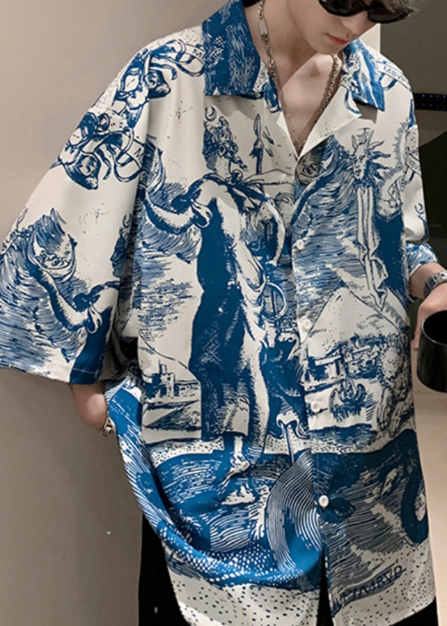 Stylish Blue Peter Pan Collar Print Ice Silk Shirts Half Sleeve