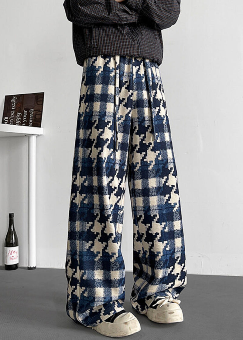 Stylish Blue Plaid Elastic Waist Cotton Pants Fall