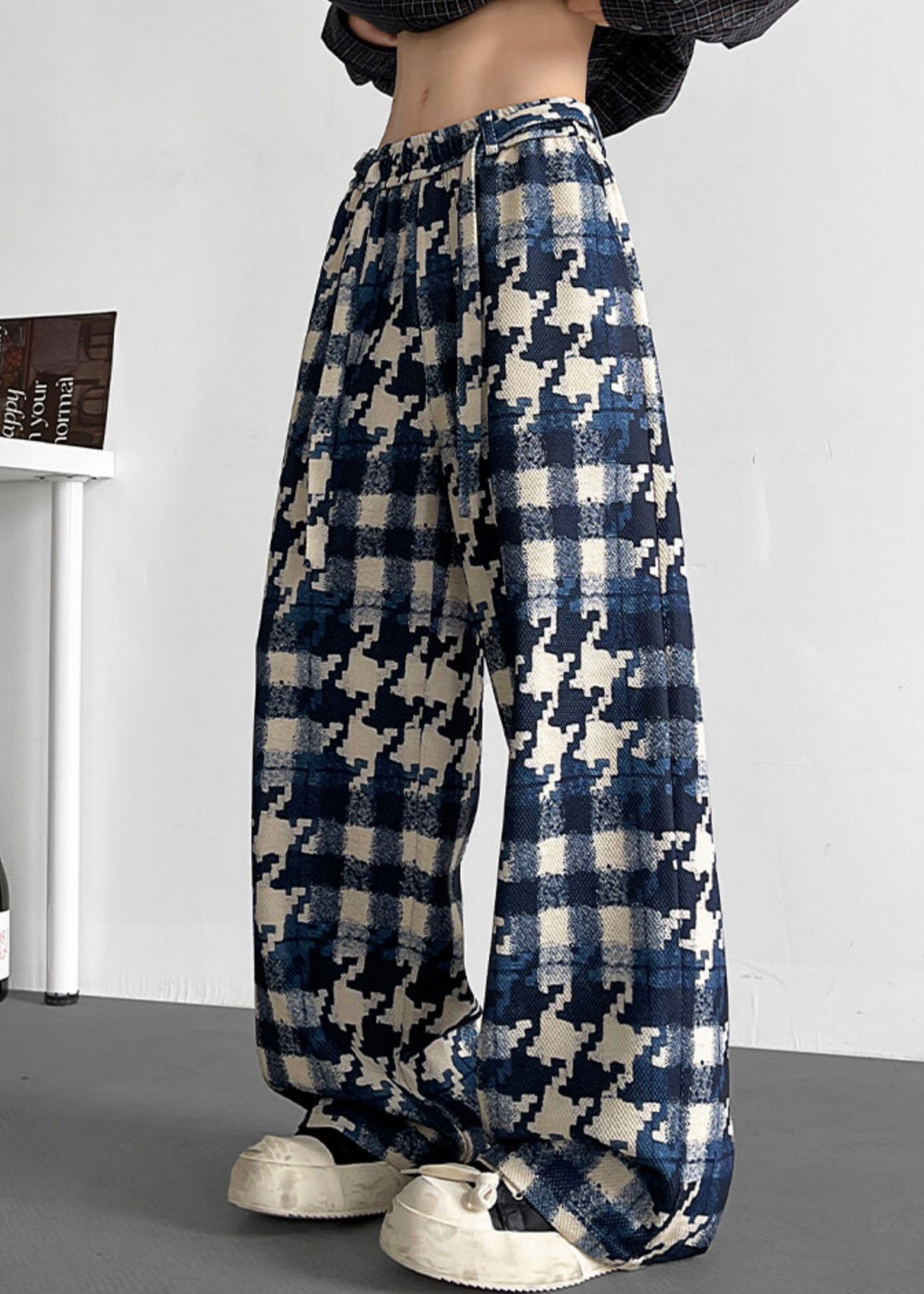 Stylish Blue Plaid Elastic Waist Cotton Pants Fall