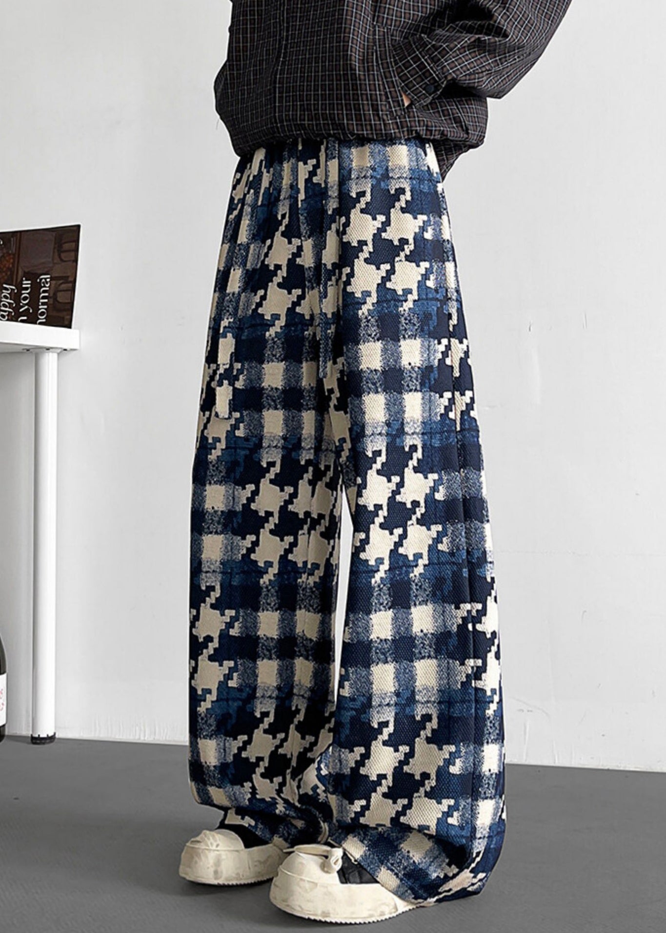 Stylish Blue Plaid Elastic Waist Cotton Pants Fall