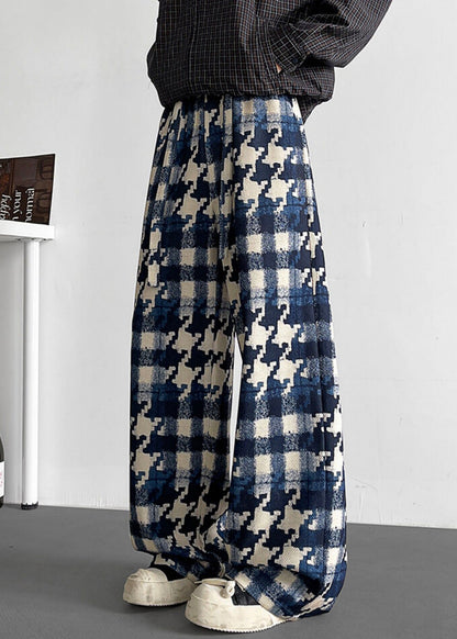 Stylish Blue Plaid Elastic Waist Cotton Pants Fall