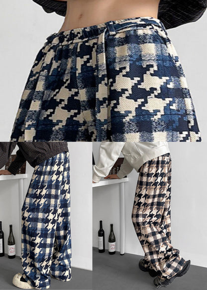 Stylish Blue Plaid Elastic Waist Cotton Pants Fall