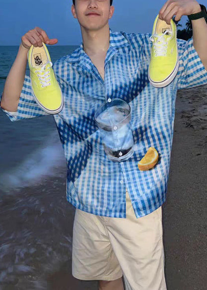 Stylish Blue Plaid Print Cotton Shirts Summer