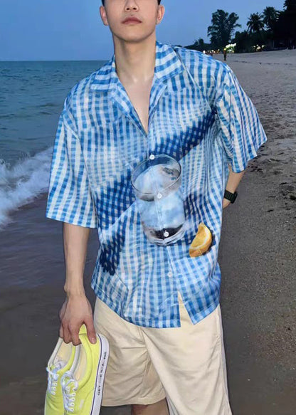 Stylish Blue Plaid Print Cotton Shirts Summer