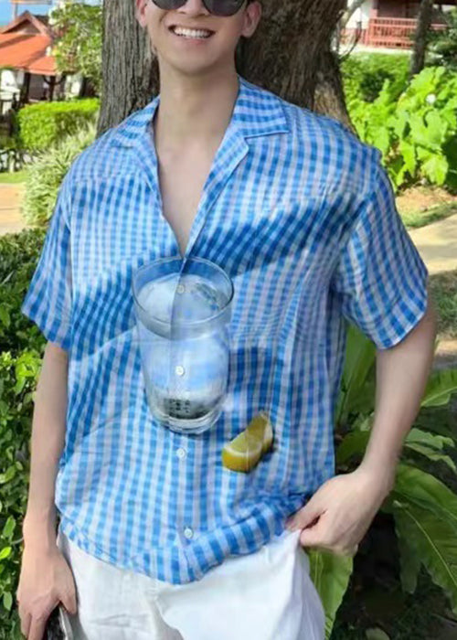 Stylish Blue Plaid Print Cotton Shirts Summer
