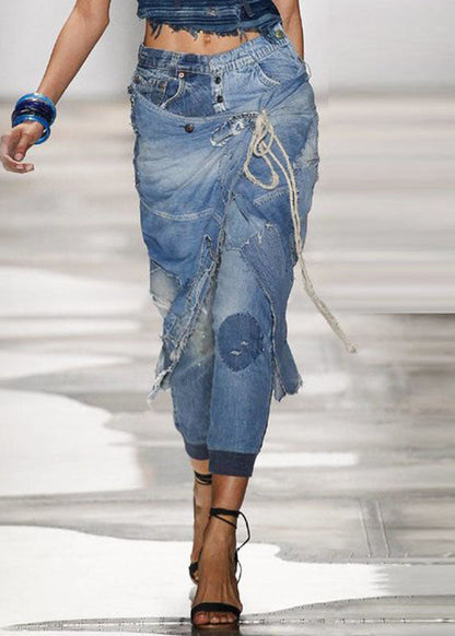 Stylish Blue Pockets Lace Up Patchwork Denim Beam Crop Pants Summer